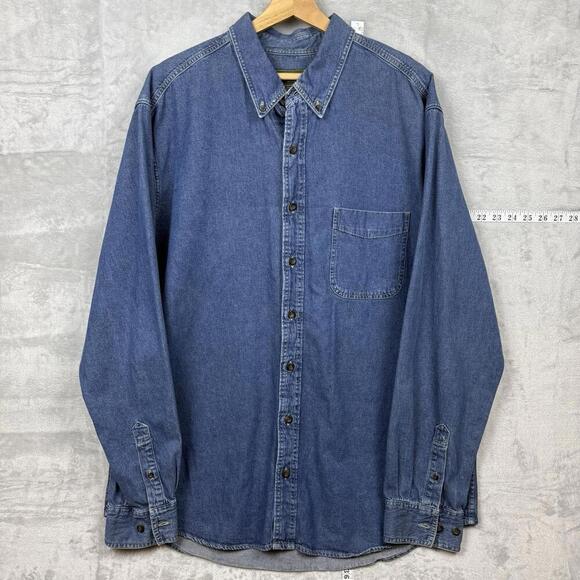 VTG Eddie Bauer Denim Button-Up Shirt Men Sz XL Tall Long Sleeve Pocket Western - Picture 2 of 12